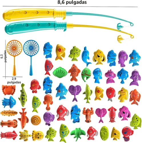 Vista 2 de TEMI - Juego de pesca para niños de 3, 4, 5, 6, 7, 8 años, juego de baño con 51 peces para niños pequeños, juguete con caña magnética y red