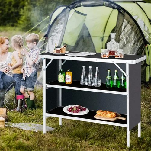 Vista 4 de HAPPYGRILL Mesa de campamento plegable con almacenamiento, mesa de picnic de aluminio con estantes de 2 niveles, mesa grande, bolsa de transporte