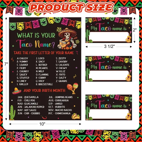 Vista 2 de COCHIE Juego de tacos para fiesta, familia, adultos, oficina, grupos grandes, con nombre de taco, decoración de fiesta mexicana con 36 calcomanías