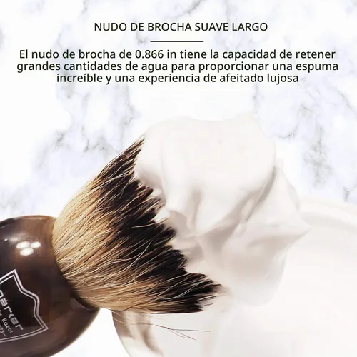 Vista 6 de Brocha de afeitar Parker Safety Razor con cerdas 100 % de pelo de tejón plata y mango de imitación de cuerno, con soporte incluido.