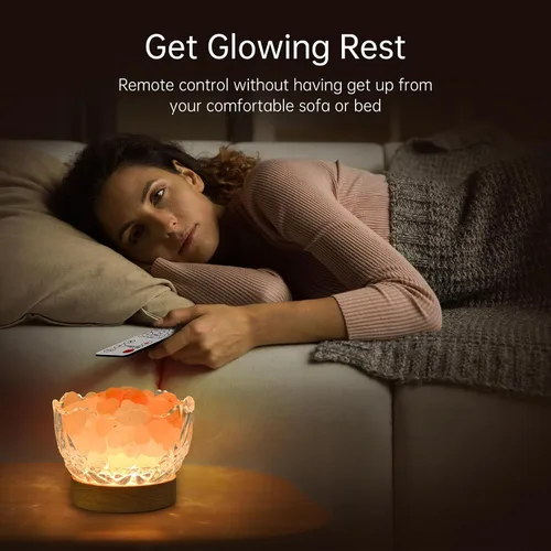 Vista 4 de Lámpara de sal del Himalaya, rosa, base de madera, 10 niveles de ajuste de intensidad de luz, enchufe USB, 1 año de garantía