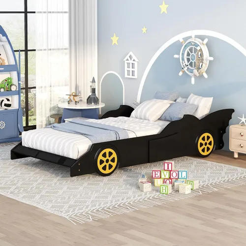 Vista 3 de Marco de cama, cama de plataforma en forma de auto de carreras de tamaño individual con ruedas, marco de cama de plataforma de madera con listones