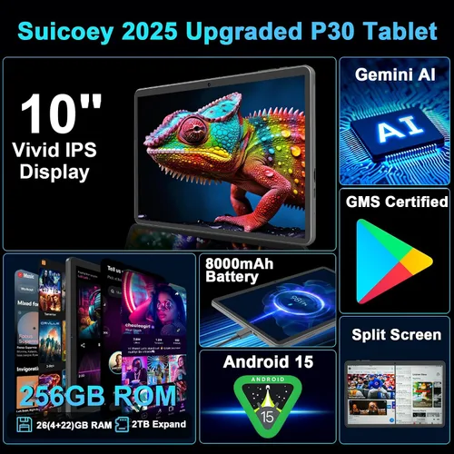 Vista 2 de Suicoey Tablet 2026 con teclado, 26 GB + 256 GB (expansión de 2 TB), tabletas Android 15 de 10 pulgadas con Octa Core, Gemini AI, WiFi 5G, 8000mAh
