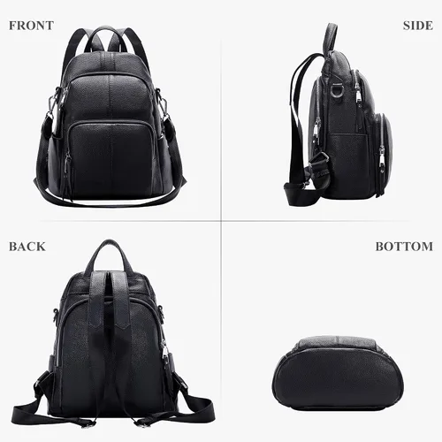 Vista 4 de ALTOSY Mochila de cuero suave para mujer, mochila versátil, Negro
