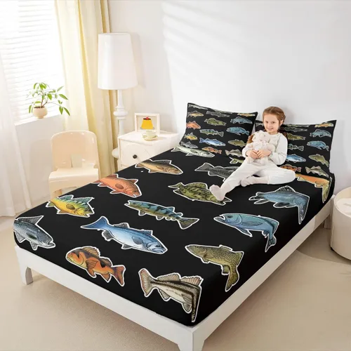 Vista 6 de Erosebridal Fishing Fitted Sheet Twin for Boys, Big Pike Fish Black Bed Sheets for Rustic Farmhouse Lake House Decor, Fishing Bedding Set Marine