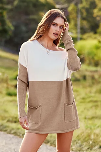 Vista 4 de PRETTYGARDEN - Suéter holgado casual para mujer, suéter de punto con bloques de color, cómodo con hombros descubiertos