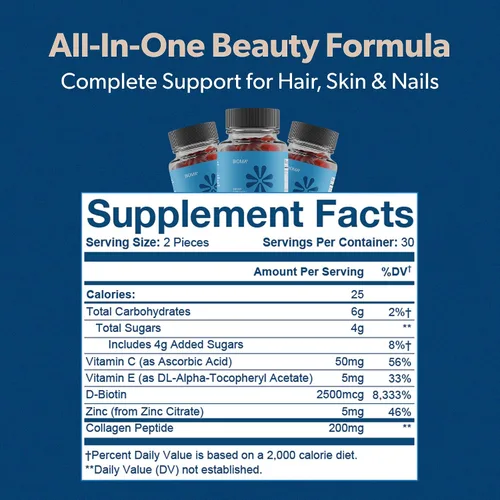 Vista 6 de BIOMA Gomitas de belleza para cabello, piel y uñas, apoya el crecimiento y la fuerza con biotina, colágeno, zinc y vitaminas C y D, sin gluten, 60