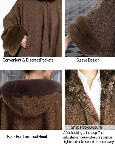 Vista 3 de Dahlia Poncho de invierno para mujer con ribete de piel sintética y forro polar
