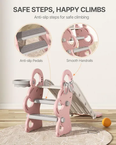 Vista 6 de Babytronic Tobogán para niños pequeños, juego de interiores y exteriores con aro de baloncesto y juego de anillos, tobogán plegable de plástico