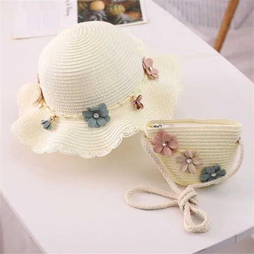 Vista 10 de Sombrero de paja para bebé niña + bolsa de playa para niñas, sombrero de paja para niños, sombrero, sombrero de flores para niños