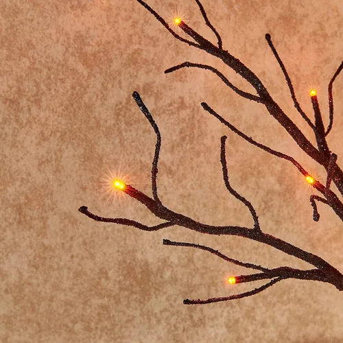 Vista 2 de Hairui Árbol espeluznante de mesa iluminado con purpurina negra con luces naranjas, 24 LED de 18 pulgadas, para decoración de bruja de Halloween