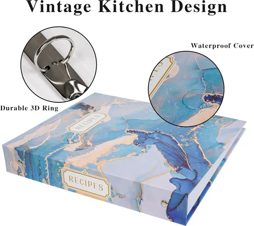 Vista 5 de Carpeta de recetas de 3 anillos de 8.5 x 9.5 pulgadas, juego organizador de recetas de página completa con 3 anillos con 25 páginas de ranura y 50