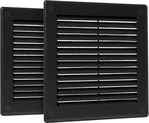 Vista 24 de Paquete de 2 cubiertas cuadradas de ventilación de aire de 4" x 4" (tamaño exterior) - Deflector de ventilación de plástico negro - Malla