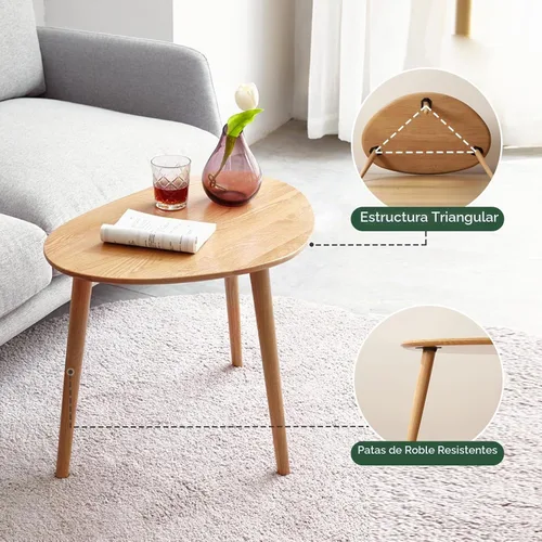 Vista 4 de Mesa de centro ovalada pequeña, de 33.5 pulgadas, mesa de centro moderna de mediados de siglo para sala de estar, mesa auxiliar 100% madera de roble