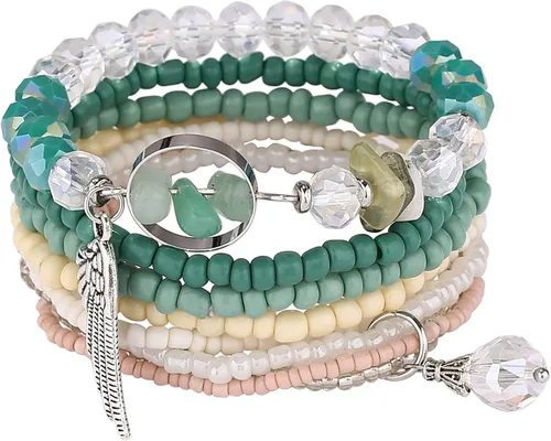Vista 7 de iYours 6 juegos de pulseras bohemias multicapa con borlas hechas a mano, pulseras envolventes para mujer, Sin gemas.