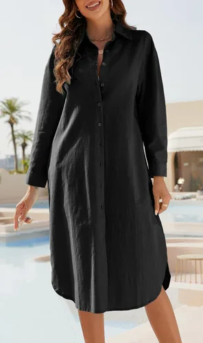 Vista 2 de Ladyful Vestido camisero de lino y algodón para mujer, vestido largo de verano con botones