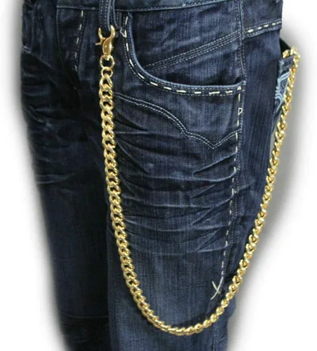 Vista 6 de Cartera para hombre, cadena de eslabones de metal dorado, 33 pulgadas de largo, joyería de moda, estilo punk, Oro