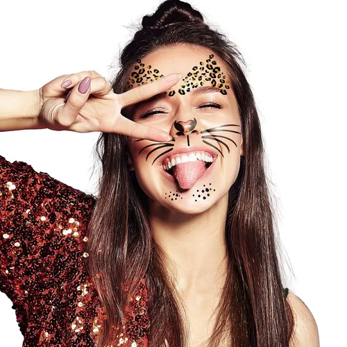 Vista 9 de Paquete de 6 tatuajes temporales de cara de leopardo feroz, kit de rayas realistas para nariz, bigotes y frente para Halloween, fiestas de disfraces