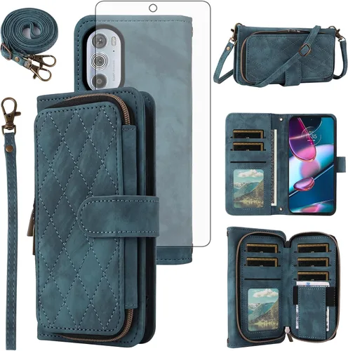 Vista 11 de Funda para teléfono Motorola Edge + Plus 2022/Edge X30/30 Pro con protector de pantalla de vidrio templado, correa cruzada, soporte con cremallera