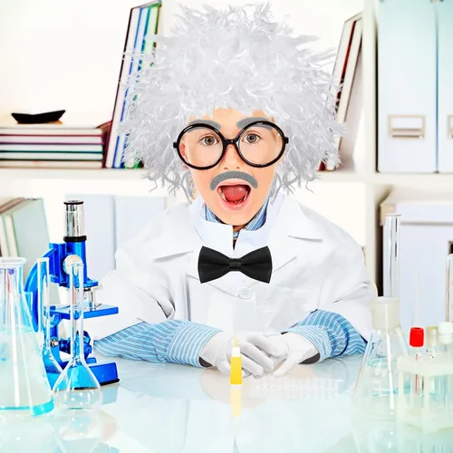 Vista 4 de Suhine 9 Pieces Mad Scientist Costume Set Halloween Crazy Mad Scientist Wig Lab Coat Glasses Mustache Physicist Costume