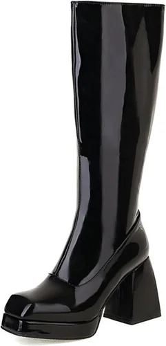 Vista 6 de SOVANYOU Botas de cuero negro Botines de plataforma para mujer Botas de tacón cuadrado con plataforma Botas de tacón grueso con punta cuadrada Botas