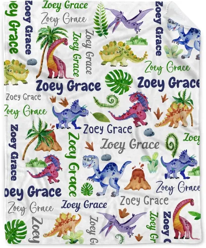 Vista 23 de Manta de regalo personalizada de dinosaurio con nombre para niñas, niños, recién nacidos, dinosaurio, manta personalizada para envolver al bebé