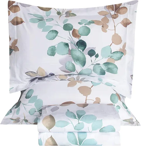 Vista 22 de QSH 100% Sábanas de algodón para cama tamaño Queen - Estampado floral azul de plantas patrón botánico lujoso de algodón estampado floral ropa