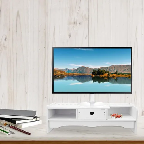 Vista 8 de Elevador de monitor de computadora de estilo con cajón de almacenamiento, soporte elevado compacto para escritorio de oficina, estante de tableta