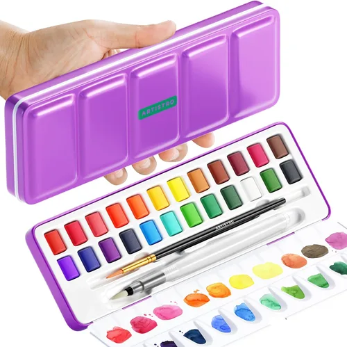 Vista 7 de ARTISTRO Juego de 18 pinturas de acuarela metálicas, juego de paleta que incluye 12 acuarelas metálicas con purpurina y 6 colores camaleón. Juego