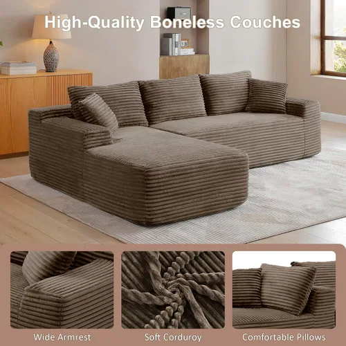 Vista 7 de Sofá modular en forma de L de 108 pulgadas, sofá modular sin hueso para sala de estar, cómodo sofá esponjoso de pana con asiento profundo Camel