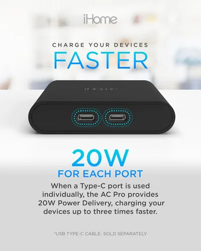 Vista 6 de iHome Cargador USB-C multipuerto de 40 W, bloque plano de 2 puertos AC Pro, adaptador de pared de carga rápida dual Foldable Prongs, Fast