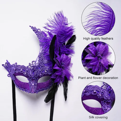 Vista 3 de Máscara de plumas veneciana para mujer, para cosplay, fiesta, Halloween, Mardi Gras, máscara de Navidad
