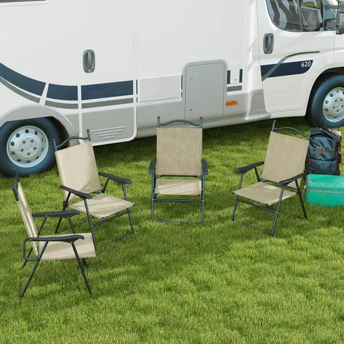 Vista 2 de Outsunny Sillas plegables para patio, juego de 4 sillas deportivas para adultos, sillas de camping con reposabrazos, asiento de tela de malla Beige