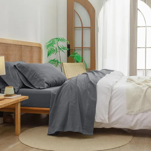 Vista 16 de BESTOUCH Juego de sábanas 100% algodón lavado, tacto de lino, súper suave, cómodo, elegante, ligero, juego de ropa de cama de 3 piezas, color gris