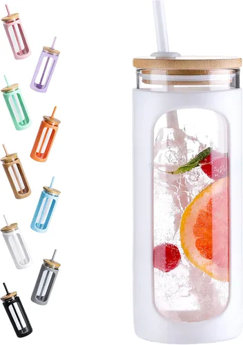 Vista 47 de Kodrine Vaso para agua de vidrio de 20 onzas con popote y tapa, botella de agua con tapas de bambú, taza para café helado, reutilizable, boca ancha