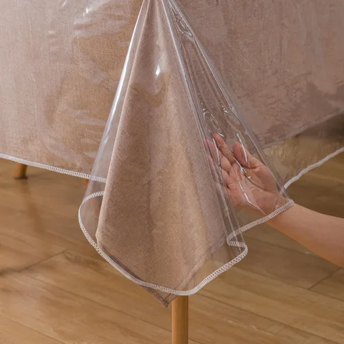 Vista 3 de Pioggia Mantel de vinilo transparente resistente con bordes cosidos, impermeable, a prueba de aceite, resistente a las manchas, protector de mesa