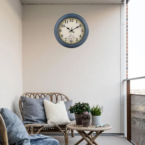 Vista 3 de Relojes para exteriores impermeables con termómetro, reloj de pared costero rústico para patio, piscina, jardín (12 pulgadas, azul)