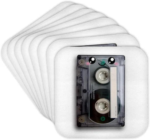 Vista 8 de 3dRose Cute Happy Cassette Tape - Retro Music 80s Eighties 90s - Kawaii Smiling face - Smiling Sweet Cartoo Set of 4 Ceramic Tile Coasters