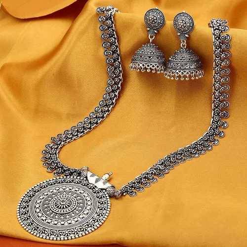 Vista 3 de Indian Hawker Juego de collar largo con colgante de plata alemana oxidada para mujeres y niñas