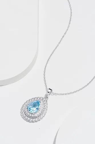 Vista 3 de MORGAN & PAIGE Collar con colgante de plata de ley 925 con piedra natal de diciembre, topacio azul cielo auténtico y topacio blanco o halo doble, 18