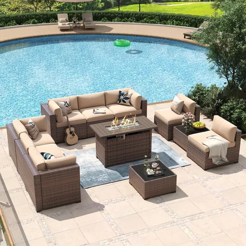 Vista 29 de Aoxun - Juego de 7 piezas de muebles de patio de mimbre de ratán, conjunto de sofá modular para conversación de patio con mesa de café y cojines
