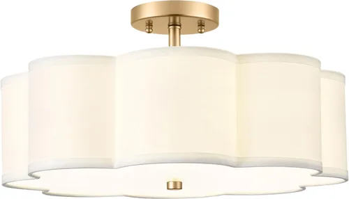 Vista 22 de Lámpara de Techo Semiempotrada Dorada, 3 Luces Accesorios de Iluminación de Techo de 12.5" con Pantalla de Tela en Forma de Flor, Luces de Tambor