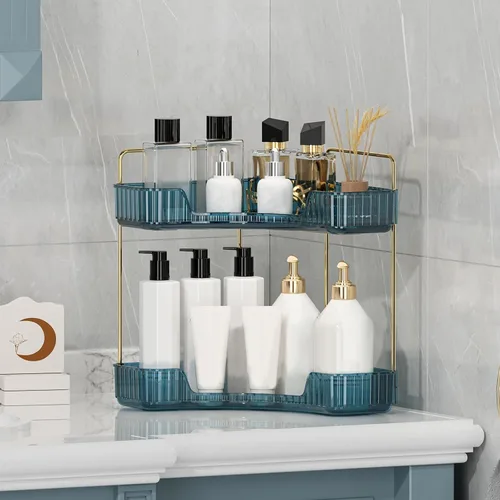 Vista 5 de Organizador de esquina para encimera de baño, estante de baño, organizador de maquillaje para tocador, bandeja de perfume para almacenamiento en Azul