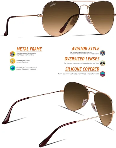 Vista 8 de Berikin Gafas de sol clásicas estilo aviador para hombres y mujeres, 100% protección UV400, lentes de cristal degradado marrón, marco de metal dorado