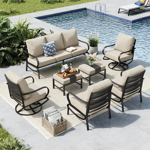 Vista 56 de MFSTUDIO Juegos de muebles de patio, sofás de conversación de metal para exteriores con 1 sofá de 3 asientos para jardín, cojín beige