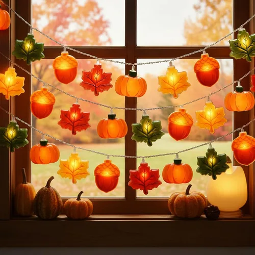 Vista 20 de Guirnalda de luces de Halloween, 10 pies, 20 luces LED de otoño, USB y batería, decoración de Halloween, luz de otoño, 8 modos intermitentes, bonita