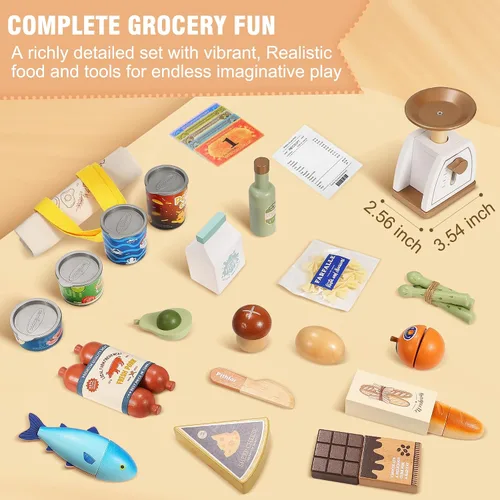 Vista 3 de Pithfor Juego de alimentos de madera para niños pequeños, tienda de comestibles, comida de simulación, compras y juegos, accesorios de cocina