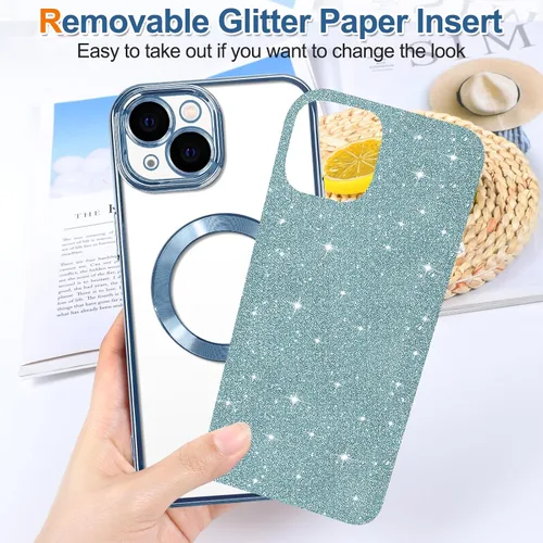 Vista 118 de Hython para iPhone 15 Plus Funda con chispas brillantes, Fundas transparentes magnéticas con protector de lente de cámara [Compatible con MagSafe]