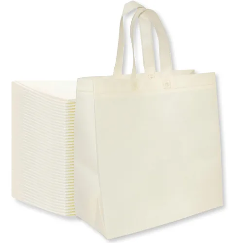 Vista 11 de Bagways Paquete de 30 bolsas de compras reutilizables con asas, duraderas, plegables, lavables, ecológicas, de 14x6.5x14 pulgadas, diseño beige/verde