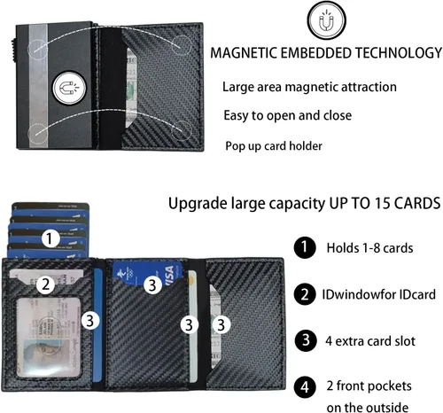 Vista 2 de Cartera inteligente desplegable con bolsillo frontal con bloqueo RFID, tarjetero con clip para dinero, cartera delgada y minimalista rastreable